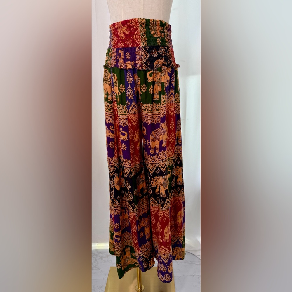 VINTAGE smocked boho elephant print palazzo PANTS
